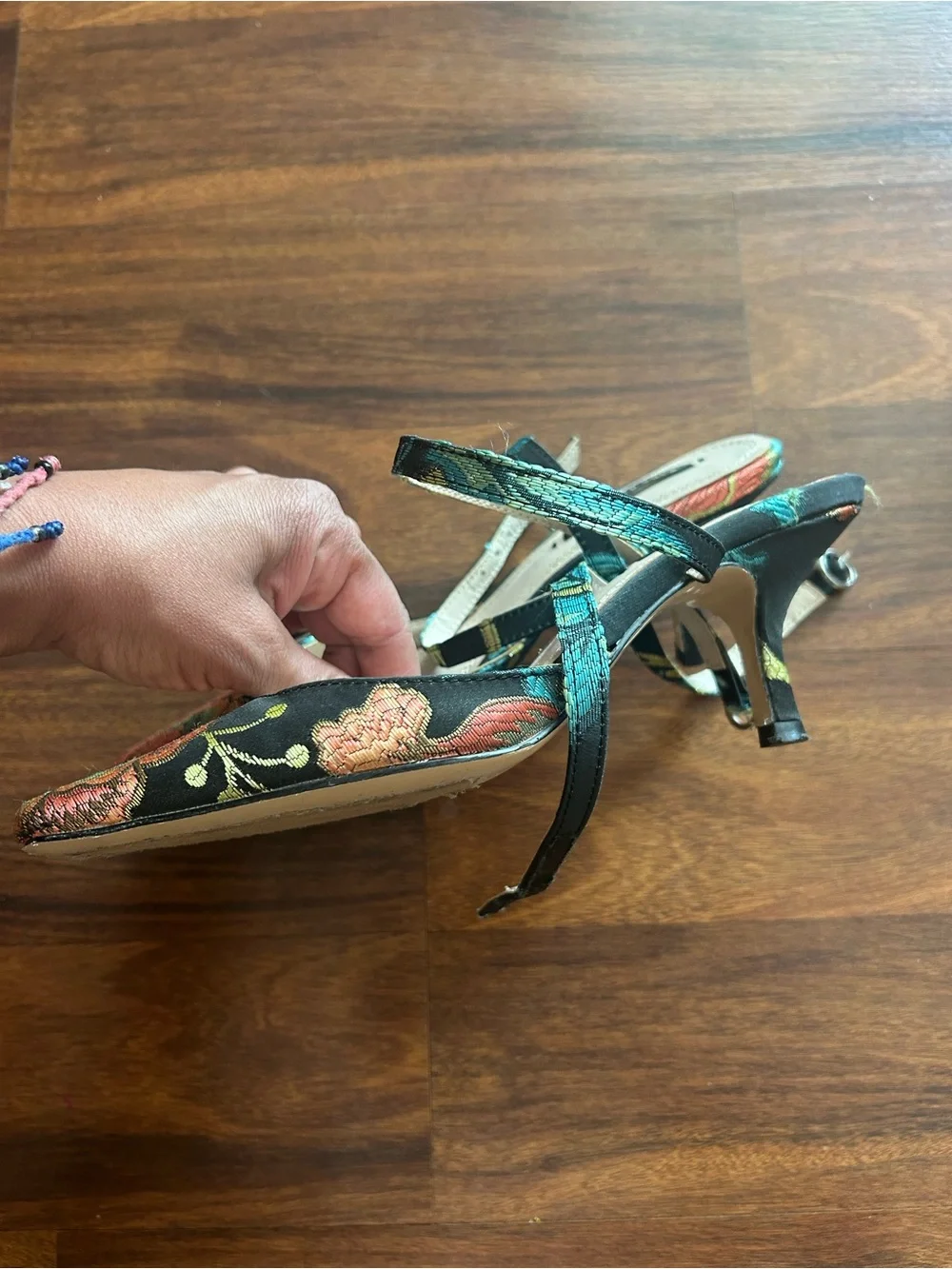 Zara Black Embroidered Floral Slingback Heels with Teal and Orange Accents